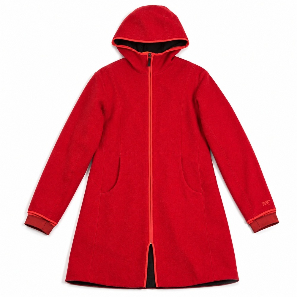 Arc'teryx Vintage Hooded Wool Coat Womens Medium Red Full Zip Mid ArcteryxLength